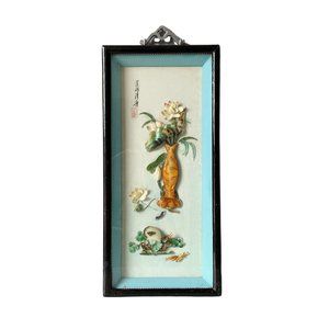 Vintage Asian Carved Mother-of-Pearl Lotus Blossoms & Crane Shadow Box for Wall